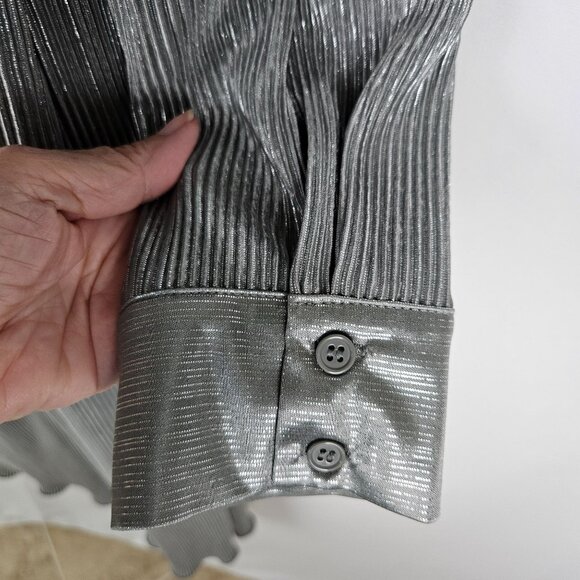 Melloday Pleated Silver Two-Piece Set Large Button-Up Top & Pants - Picture 6 of 14